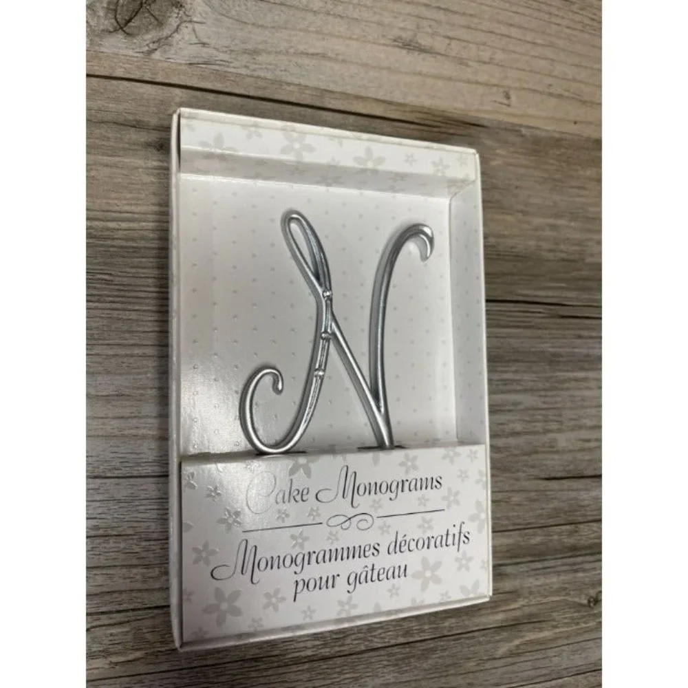 Wedding Small N Silver Finish Monogram Initial Rhinestones Cake Topper